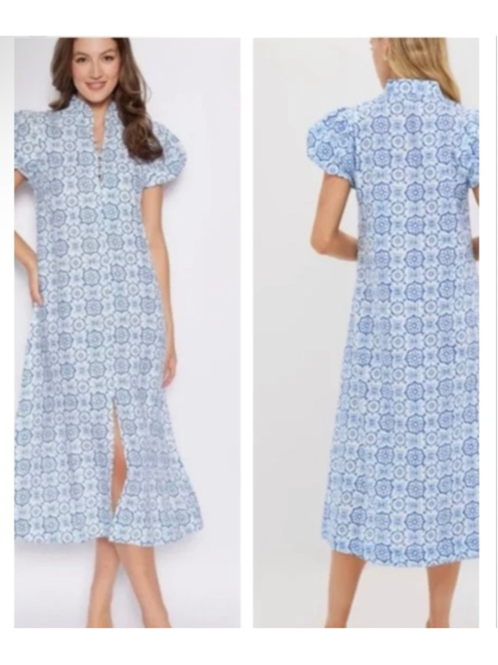 Sail To Sable Blue White Medallion Puff Sleeve Midi Dress S NwT linen blend